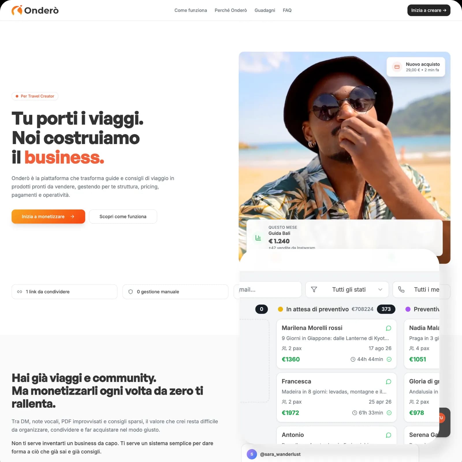 Piattaforma Onderò: home per travel creator e pipeline delle richieste di viaggio